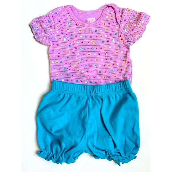 Girls Size 9M 6-9 Months Two Piece Pink Bunny Giraffe Elephant Top & Blue Shorts - Picture 2 of 6